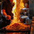 A fiery spectacle unfolds as a chef wields the flames to infuse dough noodles and meat with a spicy kick