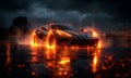 fiery sports car with sparkling sparks against the dark sky Royalty Free Stock Photo