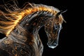 Fiery stallion rearing up against black background
