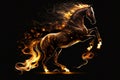 Fiery stallion rearing up against black background