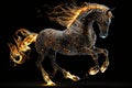 Fiery stallion rearing up against black background