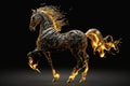 Fiery stallion rearing up against black background