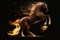 Fiery stallion rearing up against black background