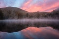 Sunrise at alpine lake Synevyr, Carpathian mountains, amazing nature landscape, outdoor travel background Royalty Free Stock Photo