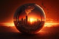 a fiery sunrise over a globe with a city skyline in the foreground