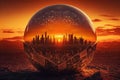 a fiery sunrise over a globe with a city skyline in the foreground