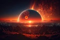 a fiery sunrise over a globed shaped planet in the distance, with city lights and starry skies visible below