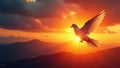 Fiery sunset, dove in flight, dynamic composition , religious, painting, freedom Royalty Free Stock Photo