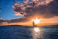 Fiery sunset over Bosphorus with famous Maiden`s Tower Royalty Free Stock Photo