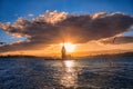 Fiery sunset over Bosphorus with famous Maiden`s Tower Royalty Free Stock Photo