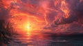 Fiery Sunset Over a Fantasy Ocean Landscape Royalty Free Stock Photo
