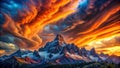 Fiery sunset over majestic snow-capped peaks and verdant valley. Generative AI Royalty Free Stock Photo