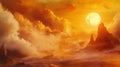 Fiery sunset over a mystical, cloud-shrouded landscape with dramatic rock formations Royalty Free Stock Photo