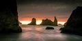 Fiery sunset over sea stacks in Bandon, Oregon, USA. Royalty Free Stock Photo