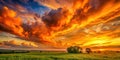 Fiery sunset over a serene meadow, vivid hues of orange and gold paint the sky, clouds dramatically illuminated, tranquil Royalty Free Stock Photo