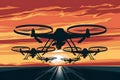 Military drones silhouetted against fiery sunset sky, creating intense atmosphere Royalty Free Stock Photo