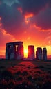 Fiery sunset paints Stonehenge in dramatic light , fiery, iconic Royalty Free Stock Photo