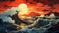 Fiery Sunset Reflected In The Ocean Waves. Generative AI.