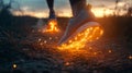 Fiery Sunset Run: Runner\'s Feet with Sparkling Shoes on Trail Royalty Free Stock Photo