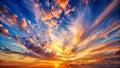 Fiery sunset sky with dramatic cloud formations and radiant colors. Generative AI Royalty Free Stock Photo