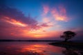 Fiery sunsets backdrop peaceful landscapes with warm, colorful embrace