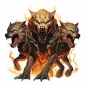 Fiery Tenebrism: Intense Shading Of Three Wolves In 2d Cerberus Art Royalty Free Stock Photo