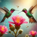 Fiery-throated Hummingbirds Gracefully Soar by a Pink Bloom in Savegre, Costa Rica. Generative ai for illustrations