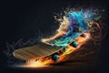 Skateboard on fire background with splashes