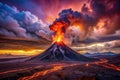 Fiery volcanic eruption at sunset, showcasing incandescent lava flows and dramatic cloud formations. Generative AI Royalty Free Stock Photo