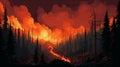 Fiery Volcano: An Atmospheric And Moody Illustration Of A Wildfire