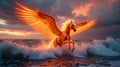 Fiery Winged Pegasus Emerging from Ocean Waves at Dramatic Sunset Royalty Free Stock Photo