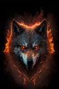 Fiery wolf face on a dark background. Fire and flames.