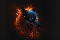 Fiery wolf head in fire flames on black background. 3d illustration