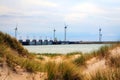 A storm surge barrier protects the land from the sea.