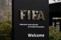 FIFA signpost at the entry for visitors, welcoming them to the headquarters in Zurich.
