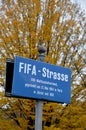 The FIFA street sign at the entrance of the FIFA Headquarter, wh