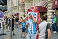 The 2018 FIFA World Cup. Argentine fan in striped white-blue t-shirt in colors of the flag of Argentina and in the original fan h Royalty Free Stock Photo