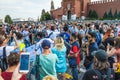 The 2018 FIFA World Cup. Argentine fans in striped white-blue t-shirts in colors of the flag of Argentina chanting chants on Red s Royalty Free Stock Photo