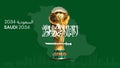 Fifa World Cup 2034 host Saudi Arabia with trophy isolated on Green background with saudi arabia map and building skyline . 3D