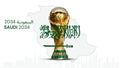 Fifa World Cup 2034 host Saudi Arabia with trophy isolated on white background with saudi arabia map and building skyline . 3D