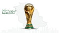 Fifa World Cup 2034 host Saudi Arabia with trophy isolated on White background with saudi arabia map and building skyline . 3D Royalty Free Stock Photo