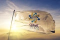 2022 FIFA World Cup Qatar flag textile cloth fabric waving on the top sunrise mist fog