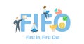 FIFO, first in, first out. Concept with keywords, letters and icons. Flat vector illustration. Isolated on white