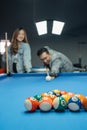 fifteen billiard balls aimed by the male billiard playerplayer Royalty Free Stock Photo