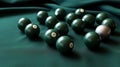 billiard spheres lay on green cloth generated by AI tool.