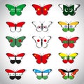 Fifteen butterflies with flags of Asian countries Royalty Free Stock Photo