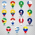 Fifteen Flags of South American countries - alphabetical order with name.  Set of 2d geolocation signs like national flags of Sout Royalty Free Stock Photo