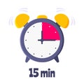 Fifteen minutes on analog clock face flat style design vector illustration icon sign.