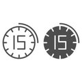 Fifteen minutes watch line and glyph icon. 15 minutes time vector illustration isolated on white. Clock outline style Royalty Free Stock Photo