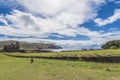 The fifteen moai of Tongariki and the ocean behind Royalty Free Stock Photo